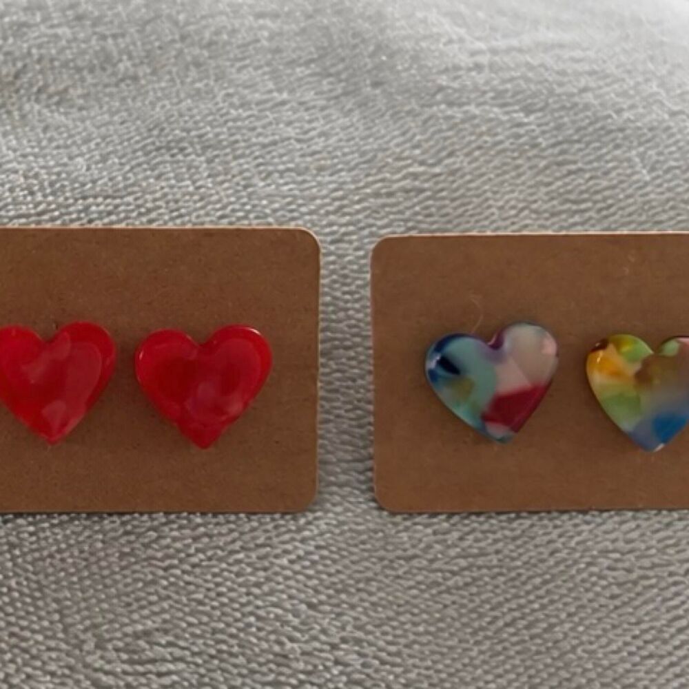 Minimalist Resin Heart Stud Earrings Colorful Terrazzo & Red Acetate Heart